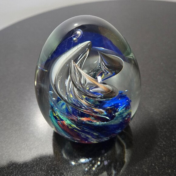 Egg Shaped Glass Paperweight, Multicolor and Transparent Swirl, Art Glass - Picture 3 of 5